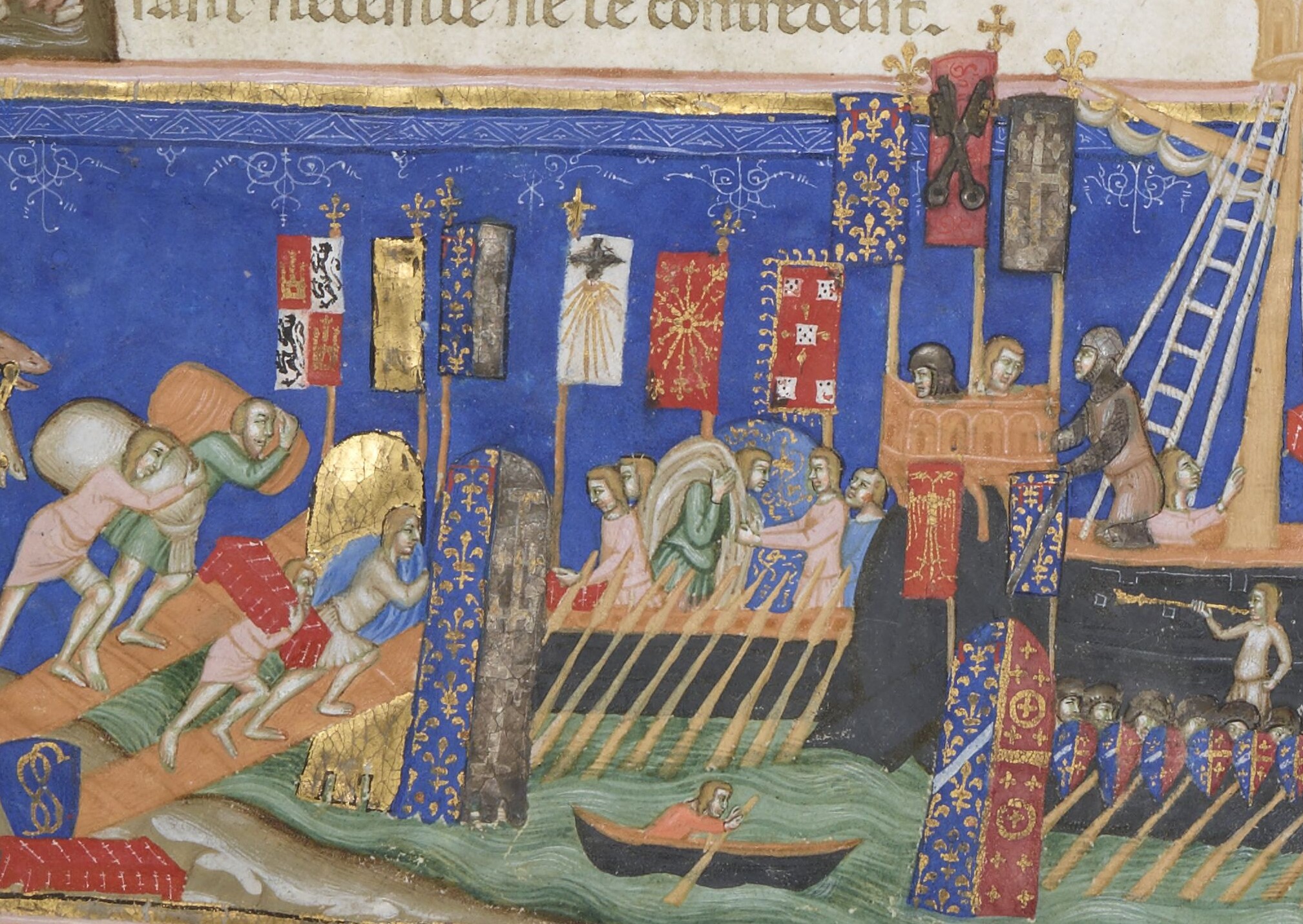 Fig. 5 - Banners of the crusaders as they embark. Statuts de l’ordre du Saint-Esprit au droit désir, Naples, 1353 ca., Paris, BnF, Fr. 4274, f. 6r, © Bibliothèque nationale de France.